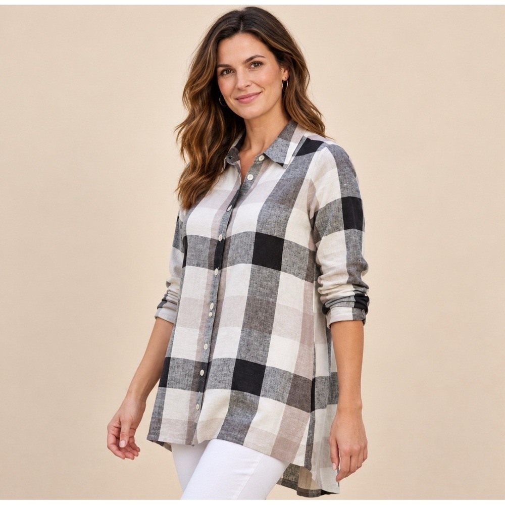 Soft Surroundings Plaid Linen Blend Back Zip Tunic Shirt Neutral Size Medium